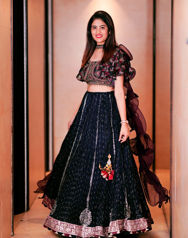 Navy Blue Floral Embellished work Chiffon Crop Top Set