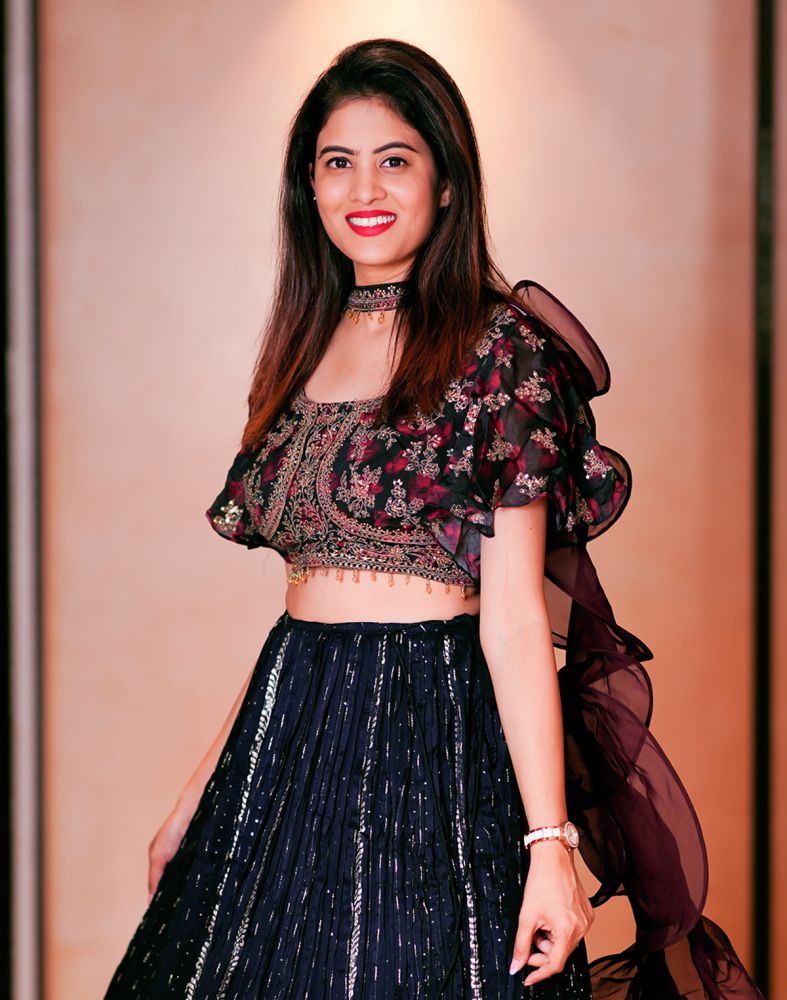Navy Blue Floral Embellished work Chiffon Crop Top Set