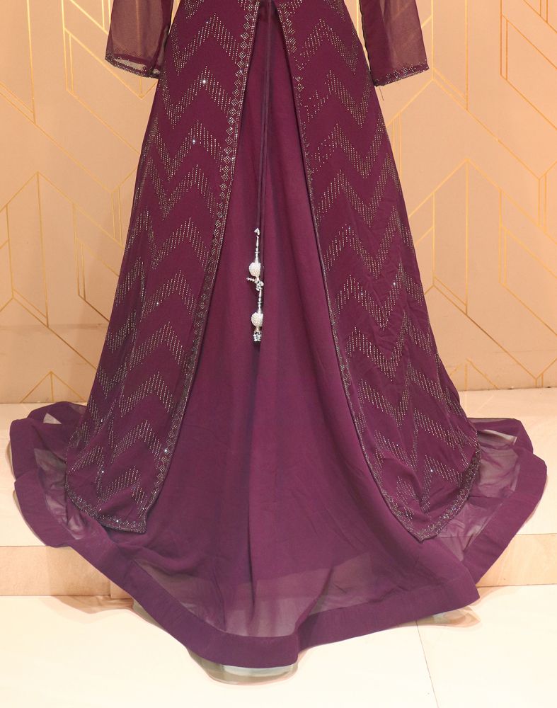 Wine Coloured Stones Work Georgette Dress Gown With A Beautiful Coat