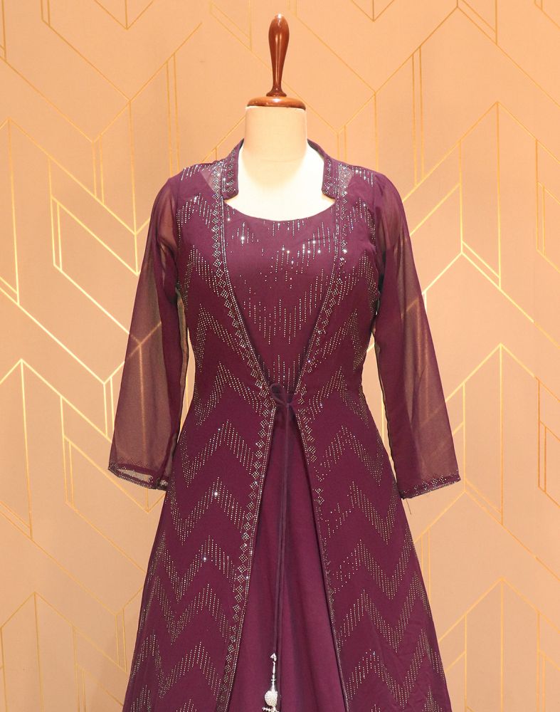 Wine Coloured Stones Work Georgette Dress Gown With A Beautiful Coat