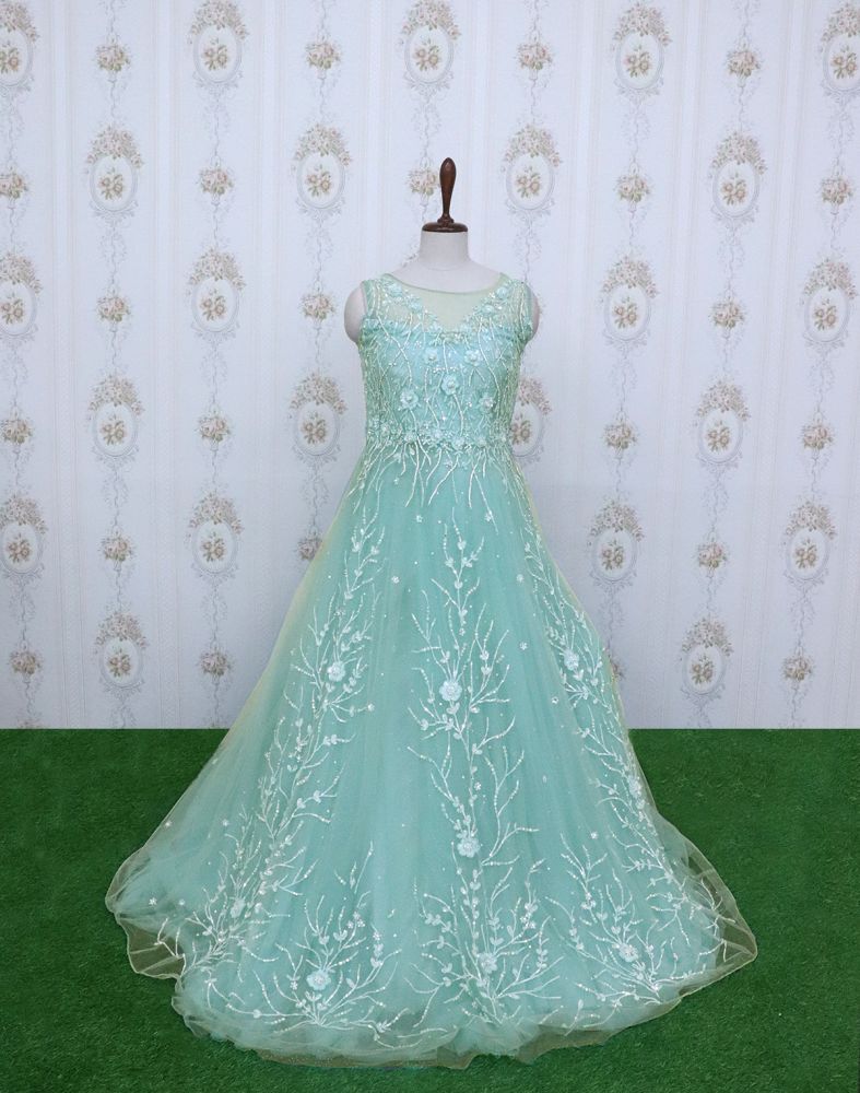 Light Green Designer Netted Embellished Gown With Mask Light Green Designer Netted Embellished Gown With Mask