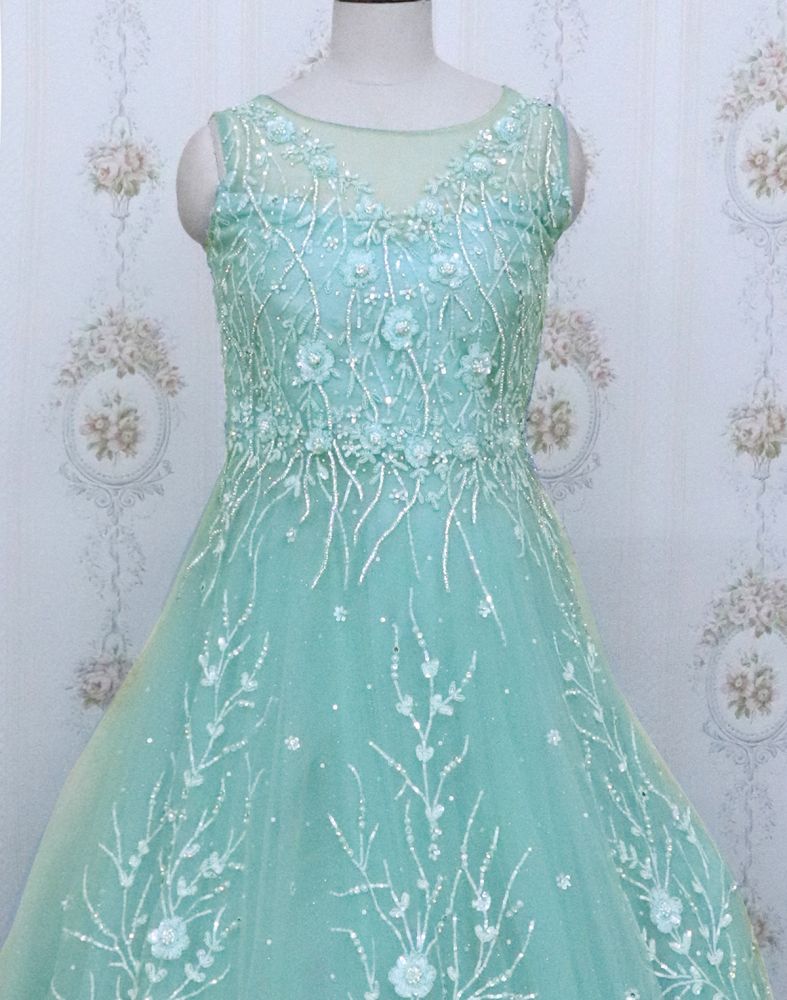 Light Green Designer Netted Embellished Gown With Mask