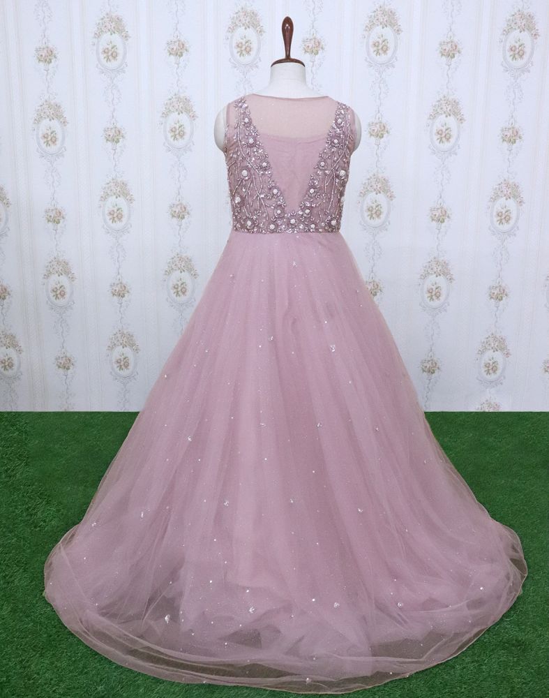 Light Pink Designer Netted Embellished Gown With Mask