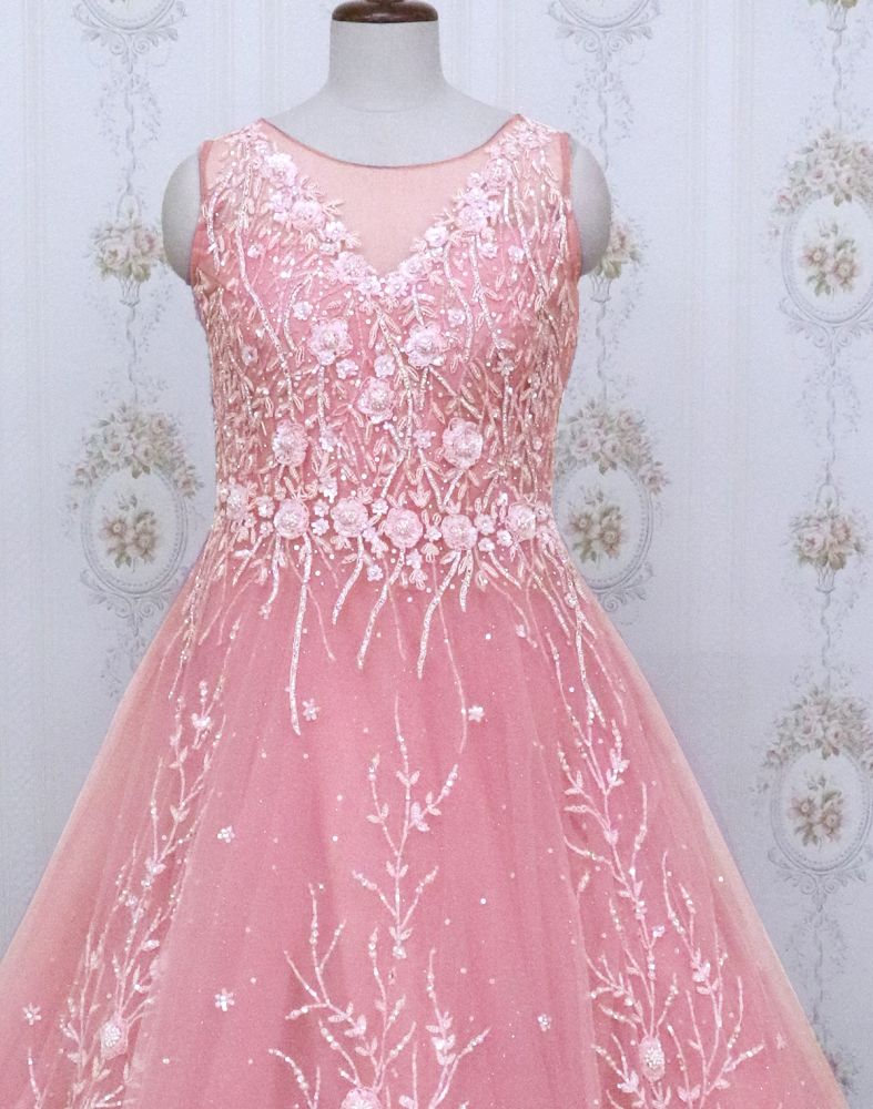 Pink Designer Netted Embellished Gown With Mask