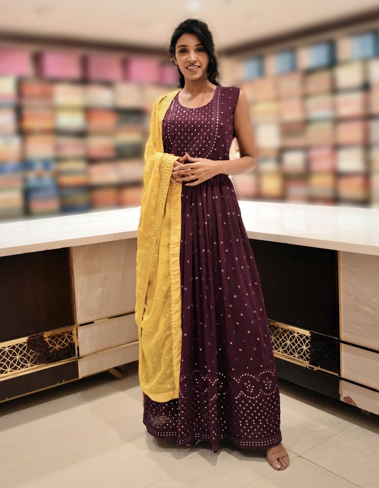 Wine Plain Georgette Mirror Work Gown
