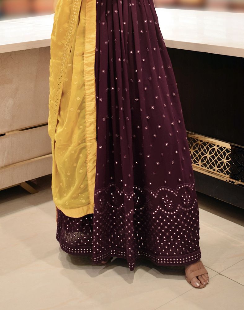 Wine Plain Georgette Mirror Work Gown