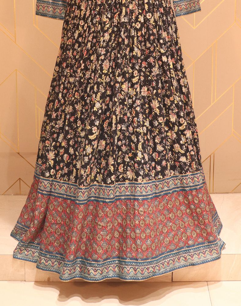 Elegant Black Floral Print Embellished Work Chiffon Dress Gown