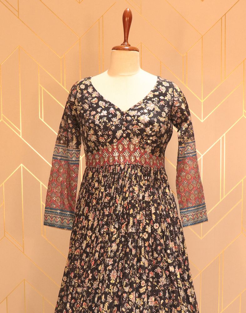 Elegant Black Floral Print Embellished Work Chiffon Dress Gown