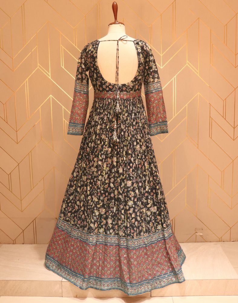 Elegant Black Floral Print Embellished Work Chiffon Dress Gown