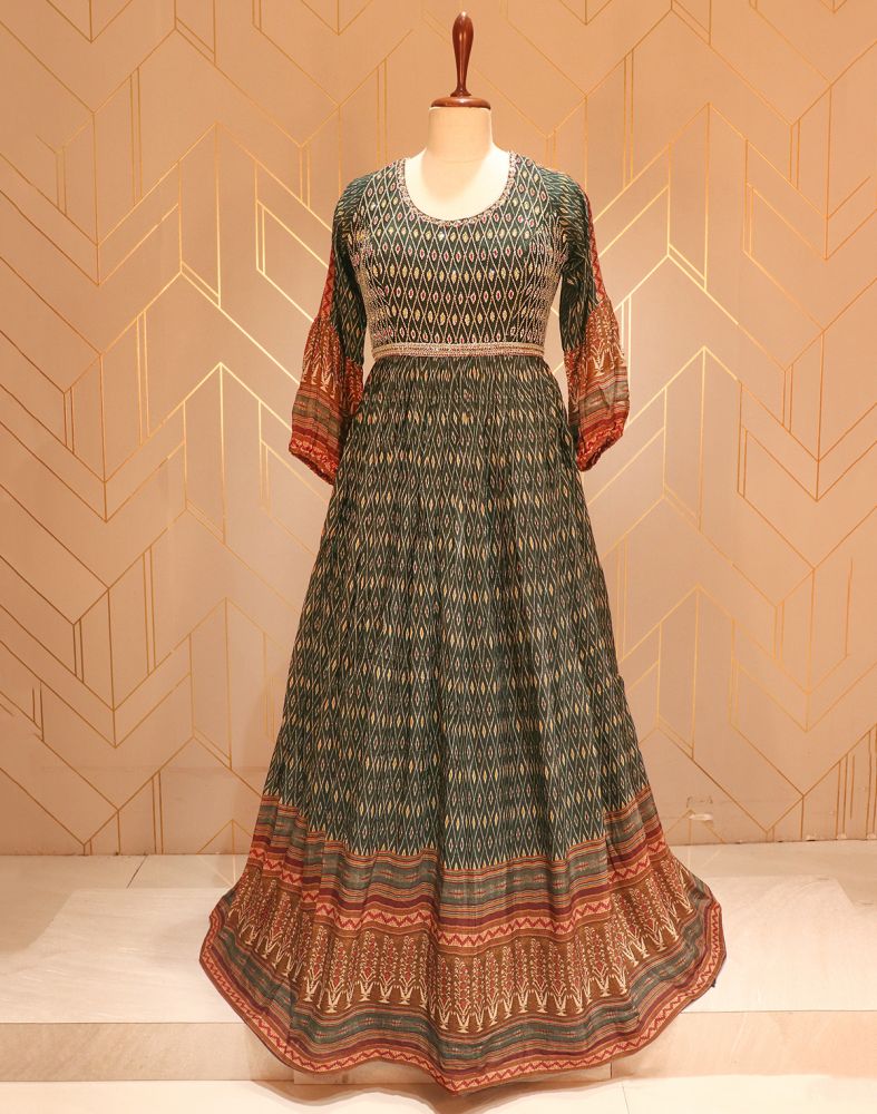 Green Ikat Pattern Print Stones Work Chiffon Dress Gown