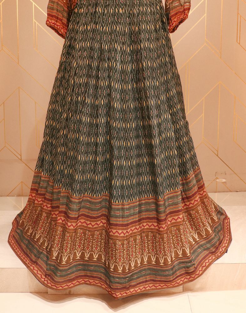 Green Ikat Pattern Print Stones Work Chiffon Dress Gown