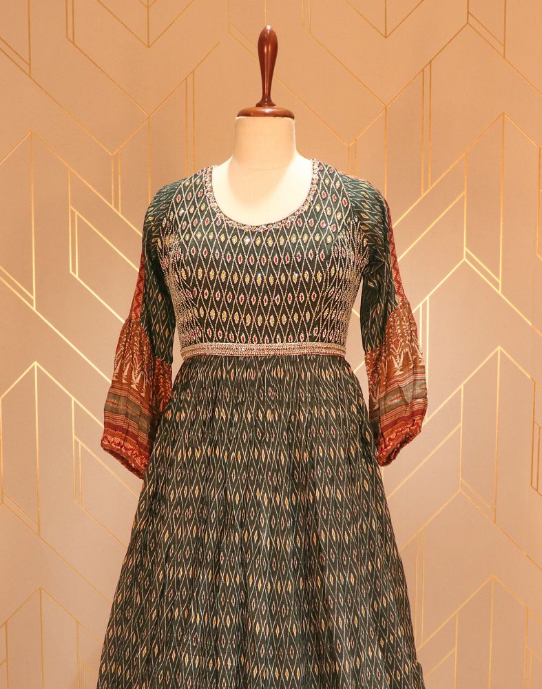 Green Ikat Pattern Print Stones Work Chiffon Dress Gown