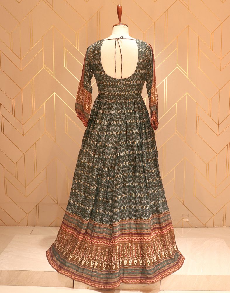 Green Ikat Pattern Print Stones Work Chiffon Dress Gown