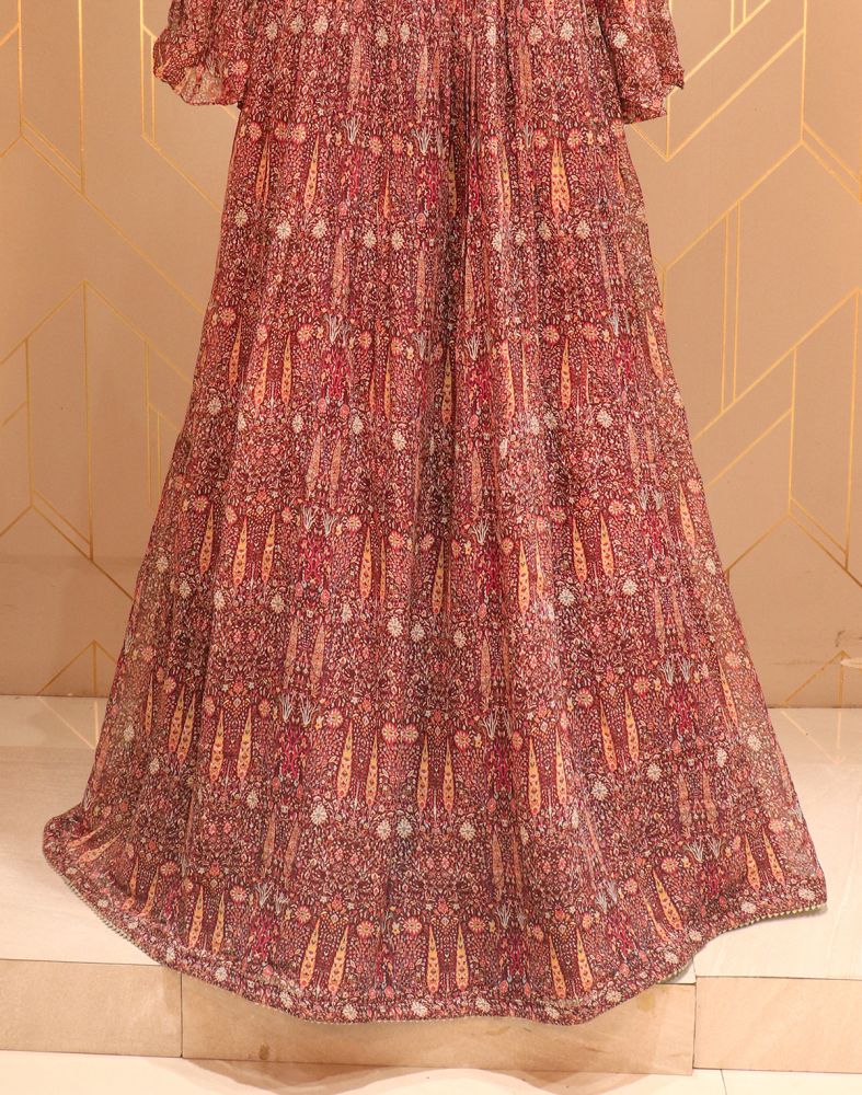 Designer Maroon Floral Print Embellished Work Chiffon Dress Gown