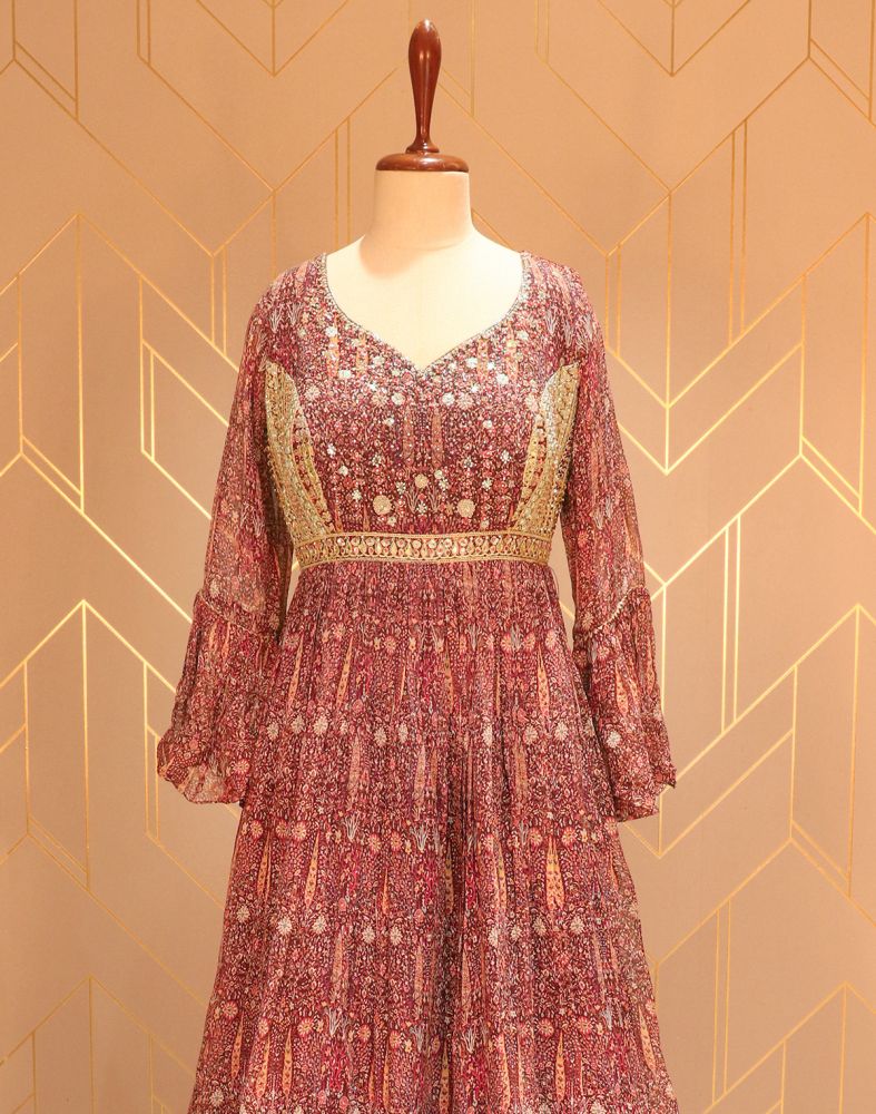Designer Maroon Floral Print Embellished Work Chiffon Dress Gown