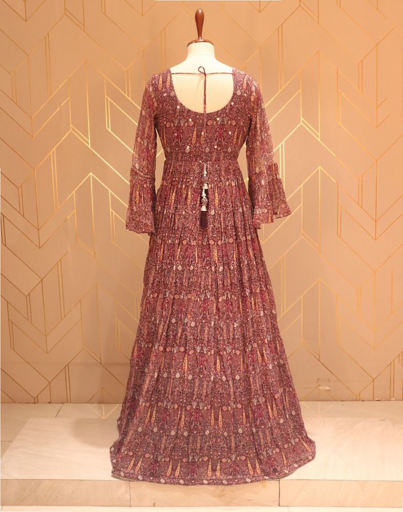 Designer Maroon Floral Print Embellished Work Chiffon Dress Gown