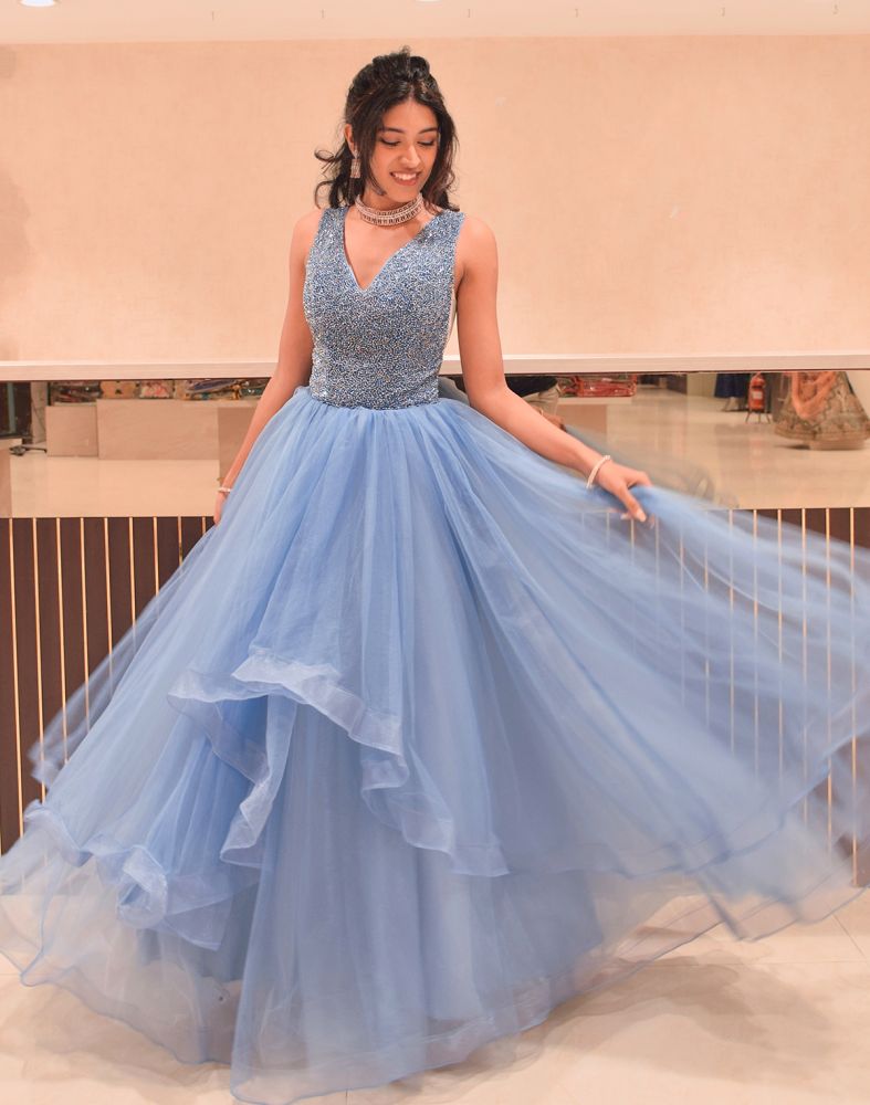 Blue Colour Fully Flared Crystal Work Netted Gown