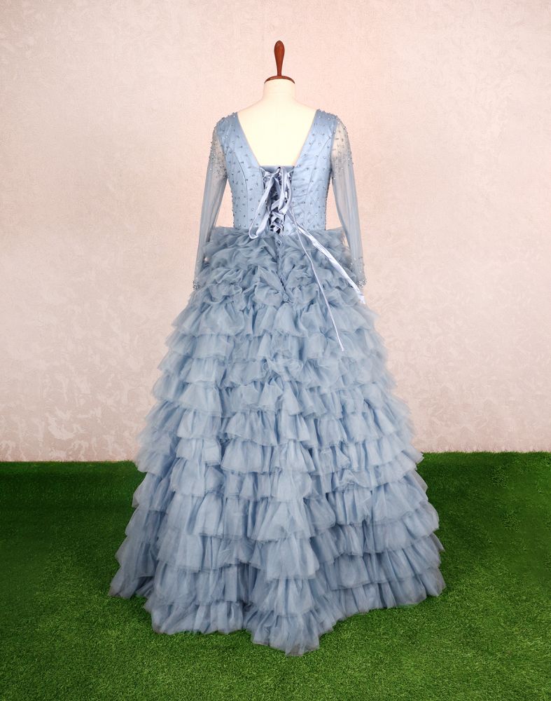 Designer Grey Fully Flared Netted Pearls Work Gown