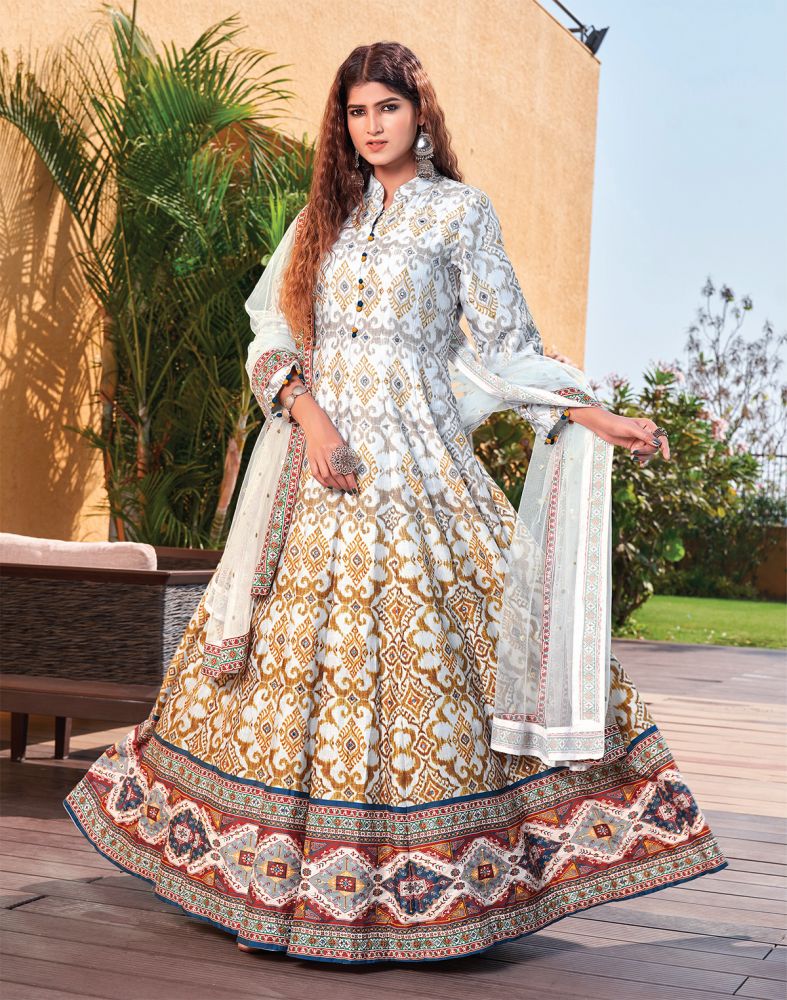 Grey Color Ikat Crape Mirror Work Gown