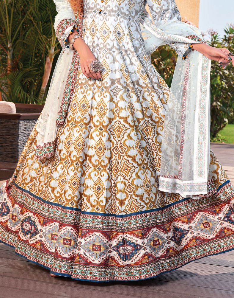 Grey Color Ikat Crape Mirror Work Gown