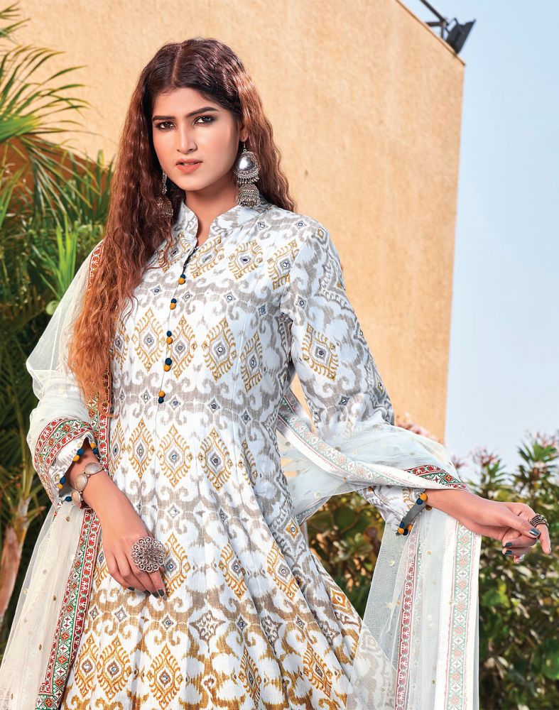 Grey Color Ikat Crape Mirror Work Gown