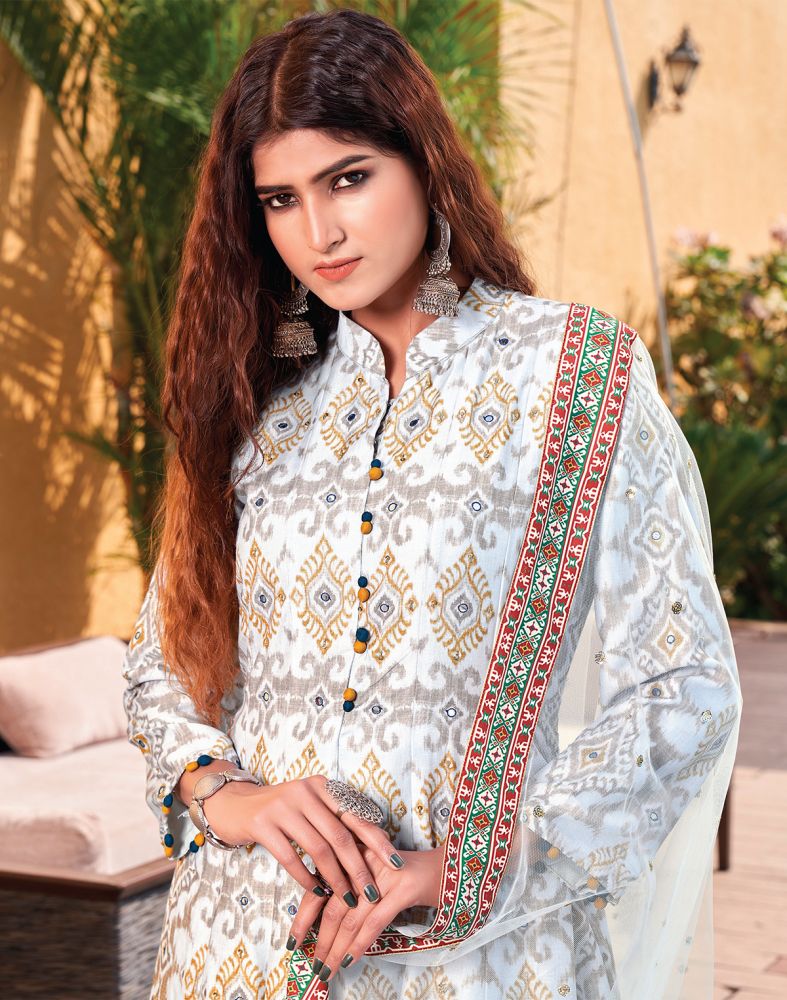 Grey Color Ikat Crape Mirror Work Gown