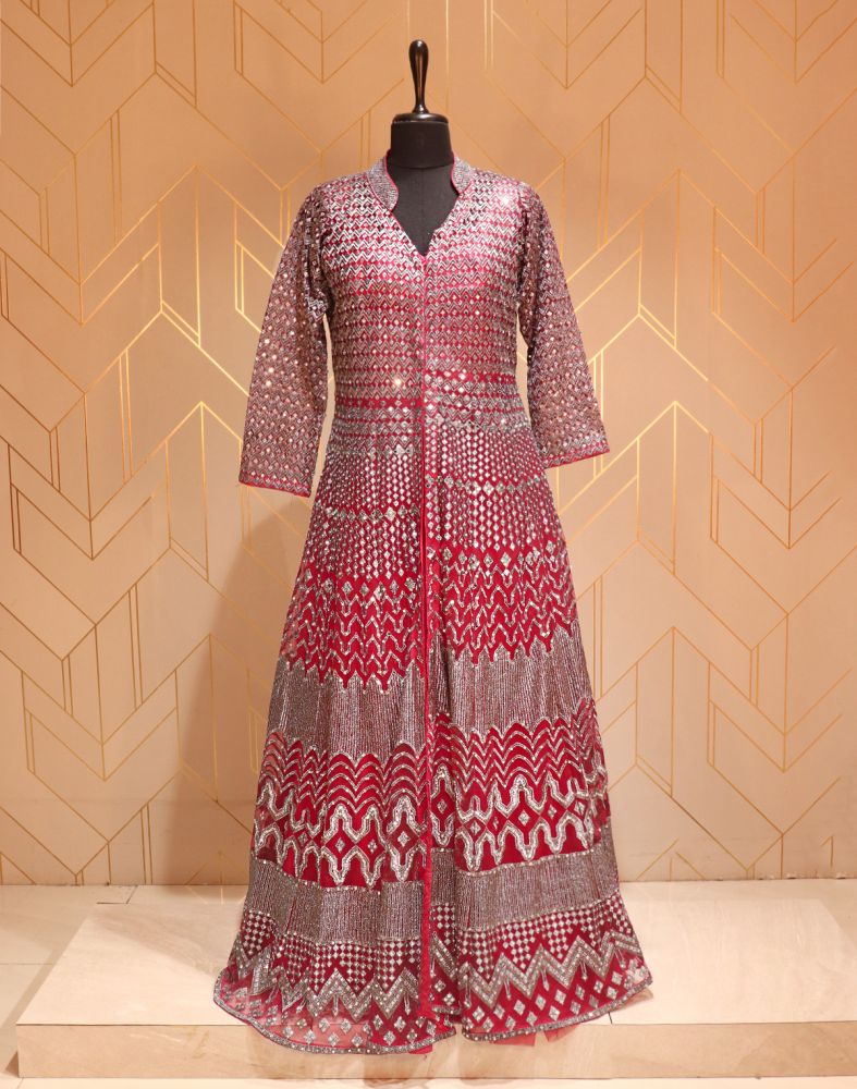 Maroon Chevron Netted Mirror Work Gown With Dupatta