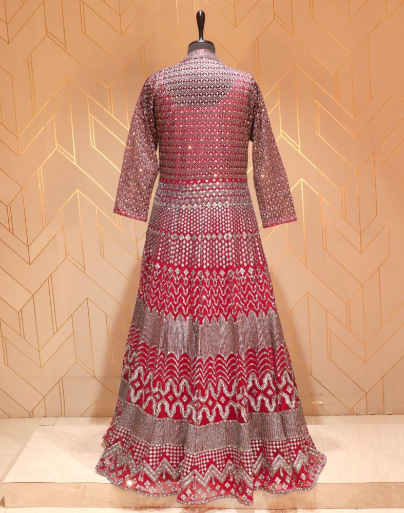 Maroon Chevron Netted Mirror Work Gown With Dupatta