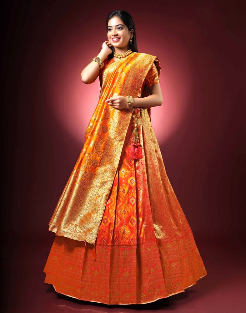 Beautiful Party Wear Orange and Red Coloured Half Saree Set