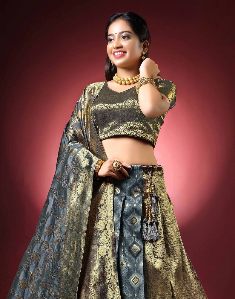 Party Wear Grey and Black Banaras Fancy Half Saree Set