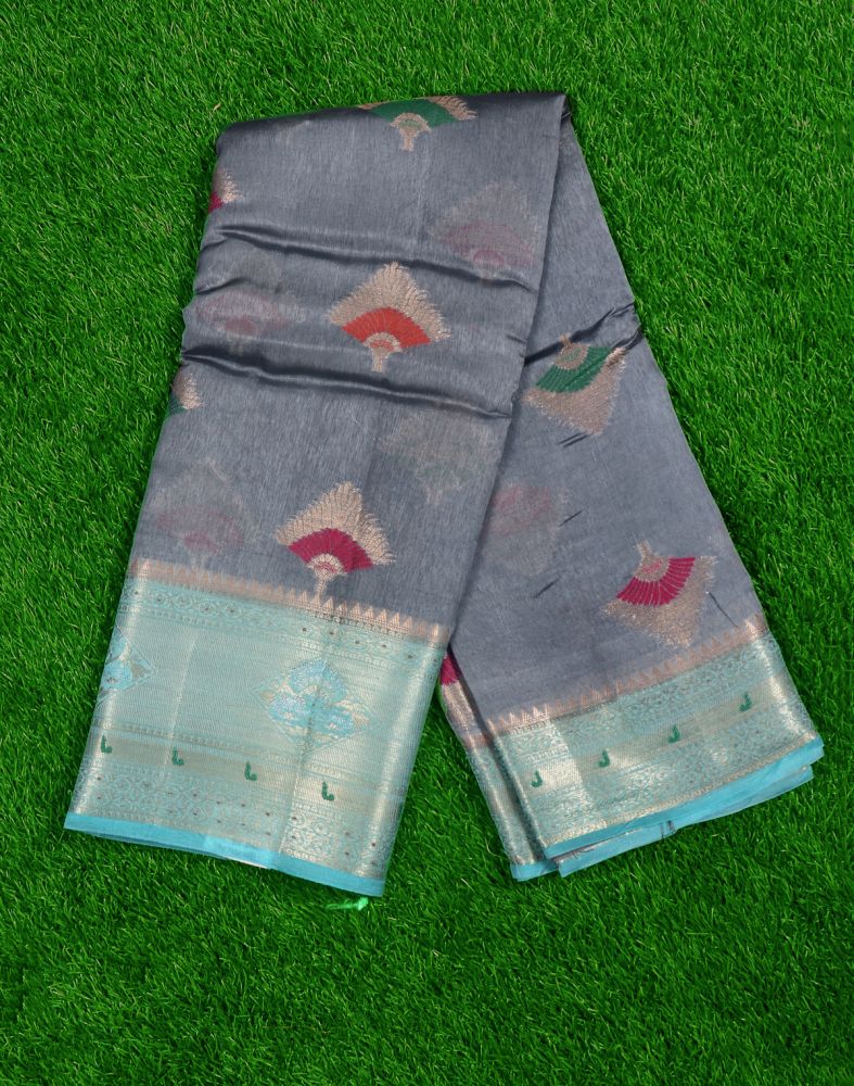 Grey Floral Pattern Weave Silk Saree