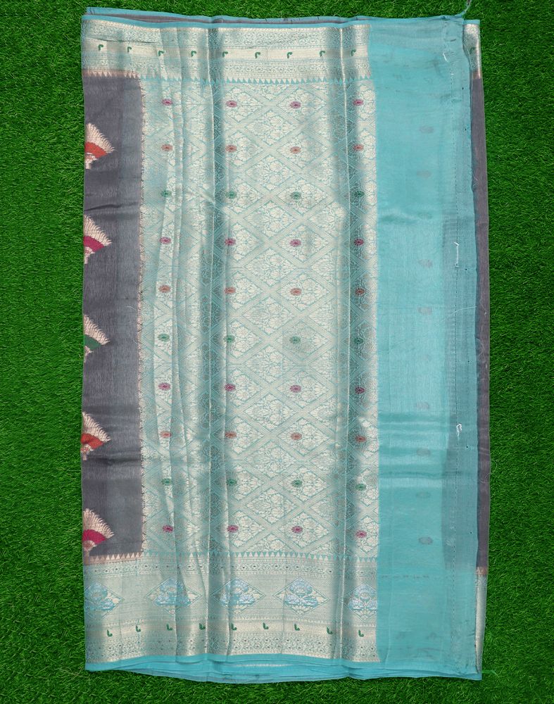 Grey Floral Pattern Weave Silk Saree