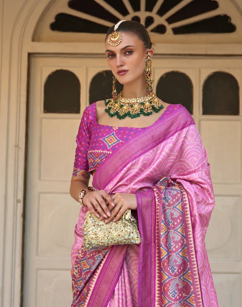 Fuscia Pink Bandhini Print Patola Saree