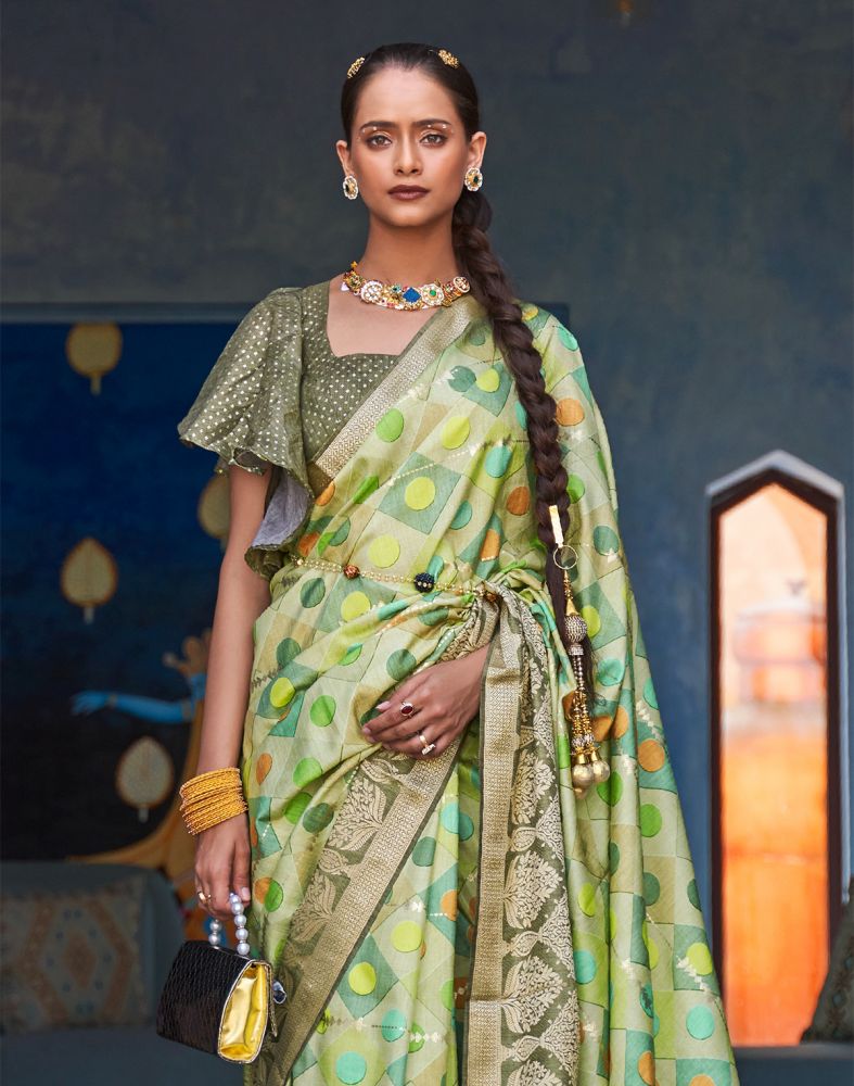 Parrot Green Polka Dots Pattern Banaras Silk Patola Saree