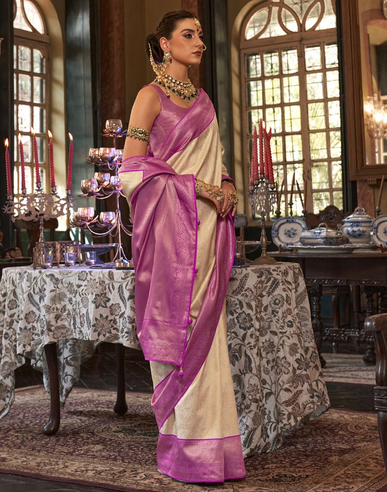 Gold And Pink Floral Weave Soft Silk Saree