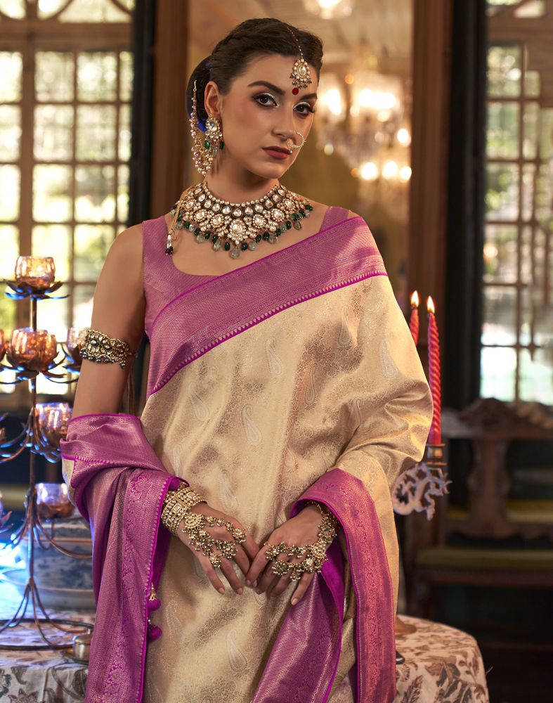Gold And Pink Floral Weave Soft Silk Saree
