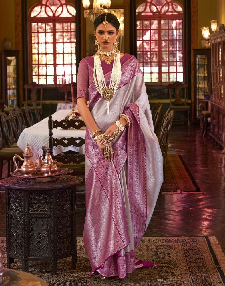 Silver Self Design Weaving Soft Silk Saree