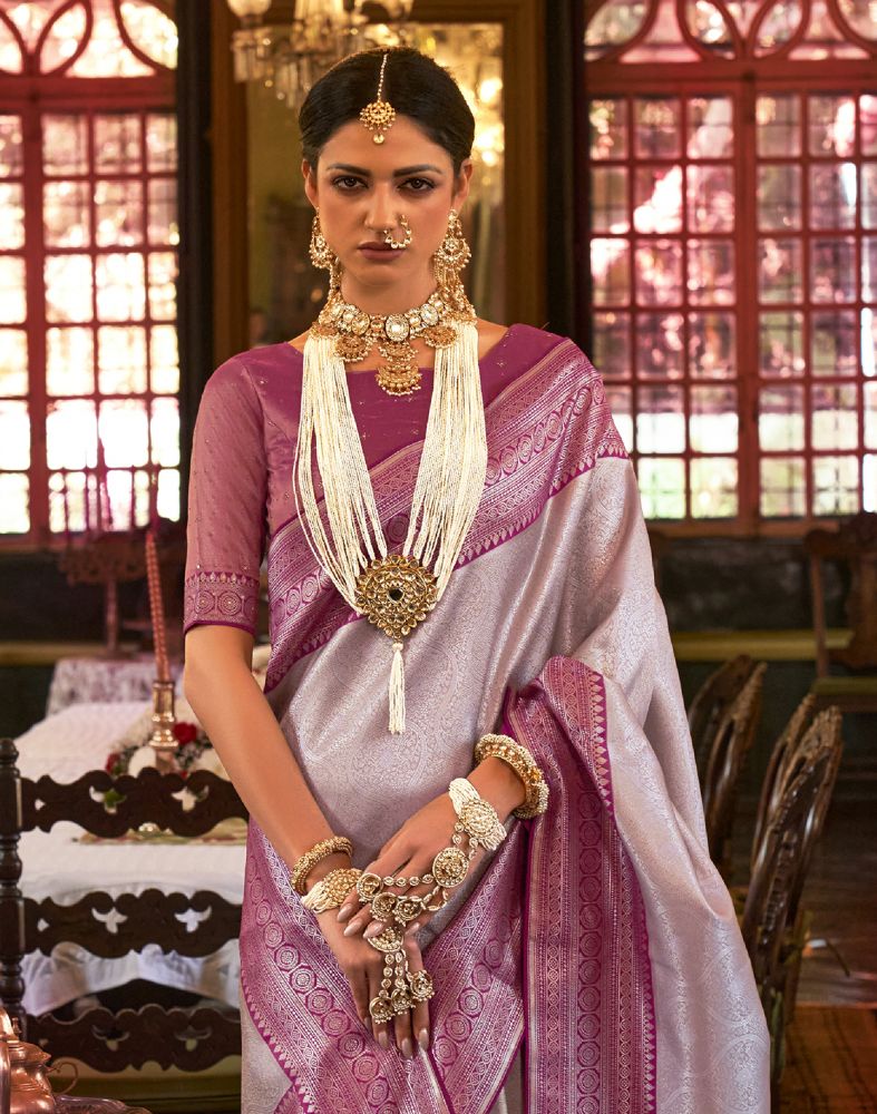 Silver Self Design Weaving Soft Silk Saree