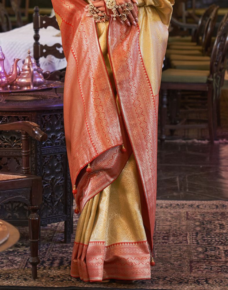 Yellow all over Self Design Weaving Soft Silk Saree