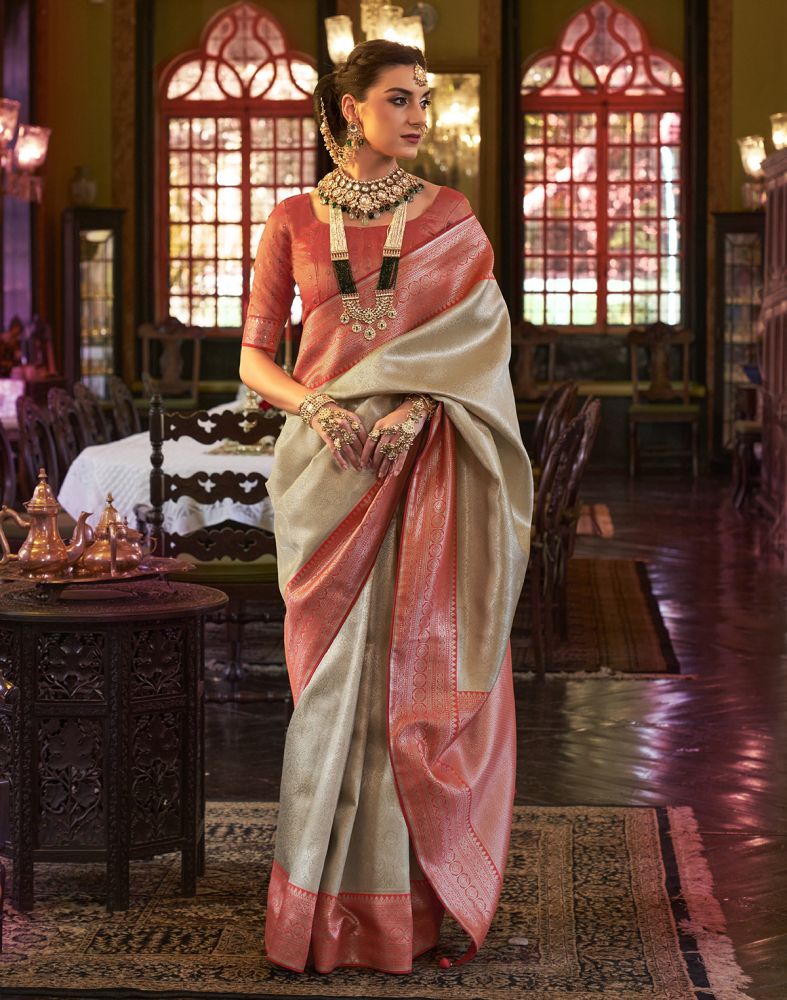 Gold And Red Self Design Weave Soft Silk Saree
