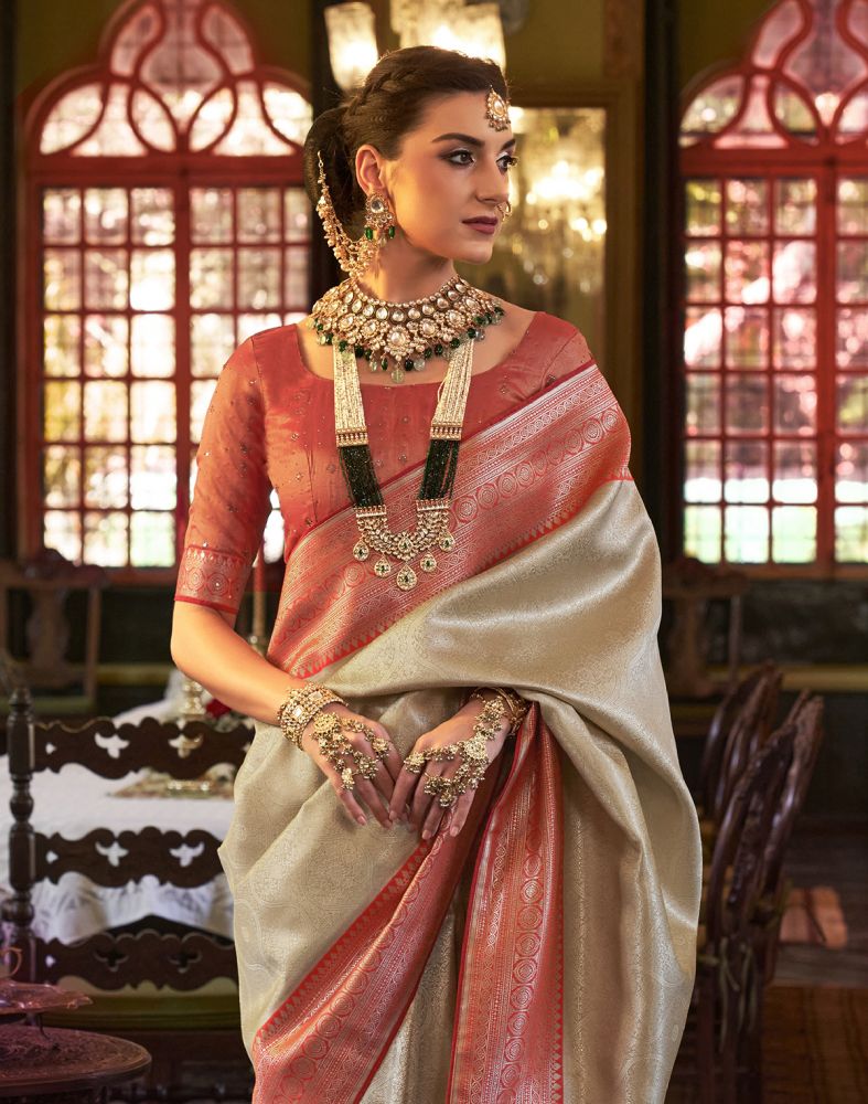Gold And Red Self Design Weave Soft Silk Saree