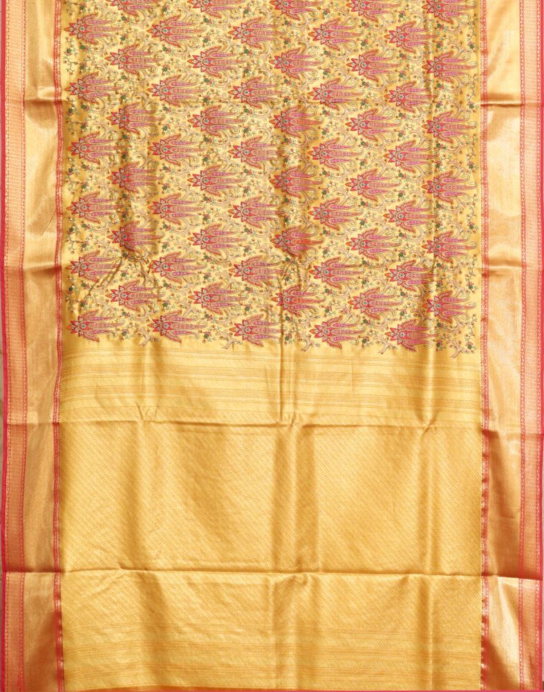 Light Yellow Kantha Embroidered work Semi Silk Saree