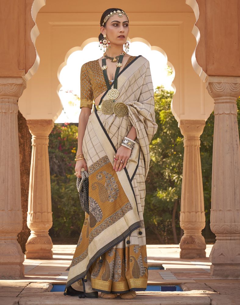 Beige Checks Pattern Soft Silk Half And Half Saree