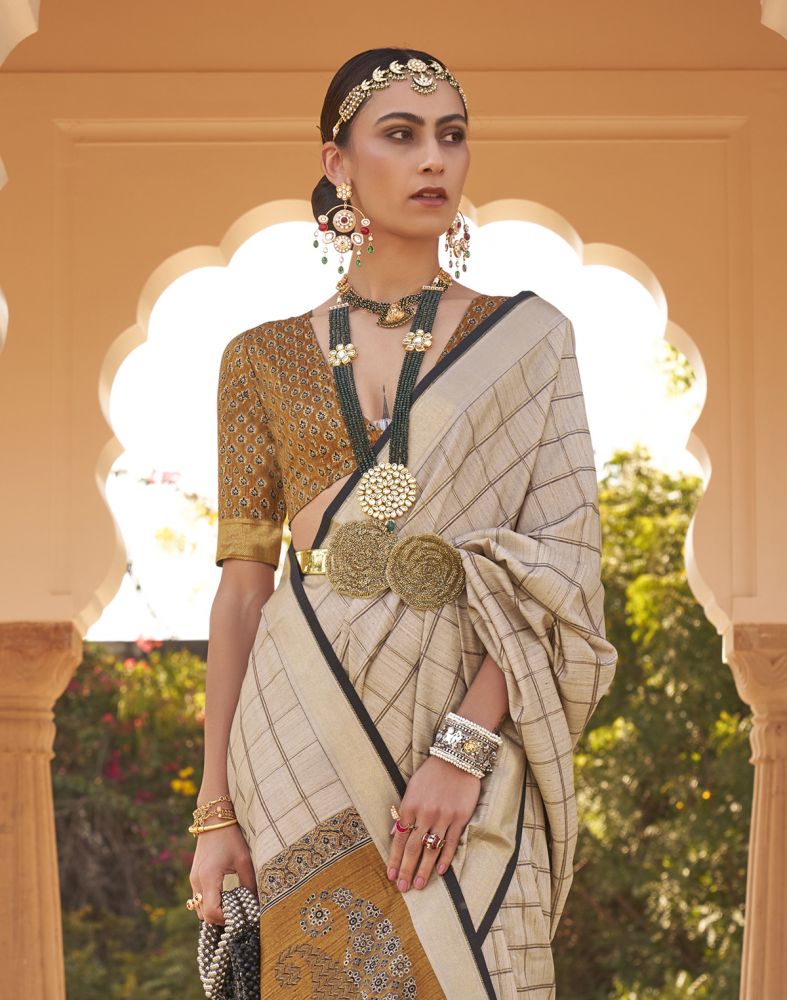 Beige Checks Pattern Soft Silk Half And Half Saree