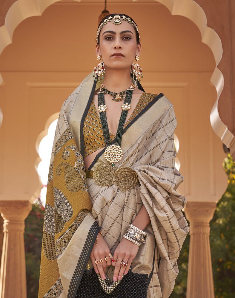 Beige Checks Pattern Soft Silk Half And Half Saree
