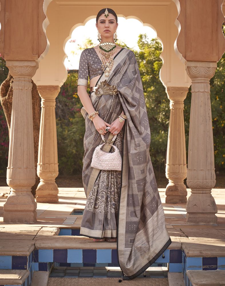 Grey Checkered Print Soft Silk Half And Half Saree