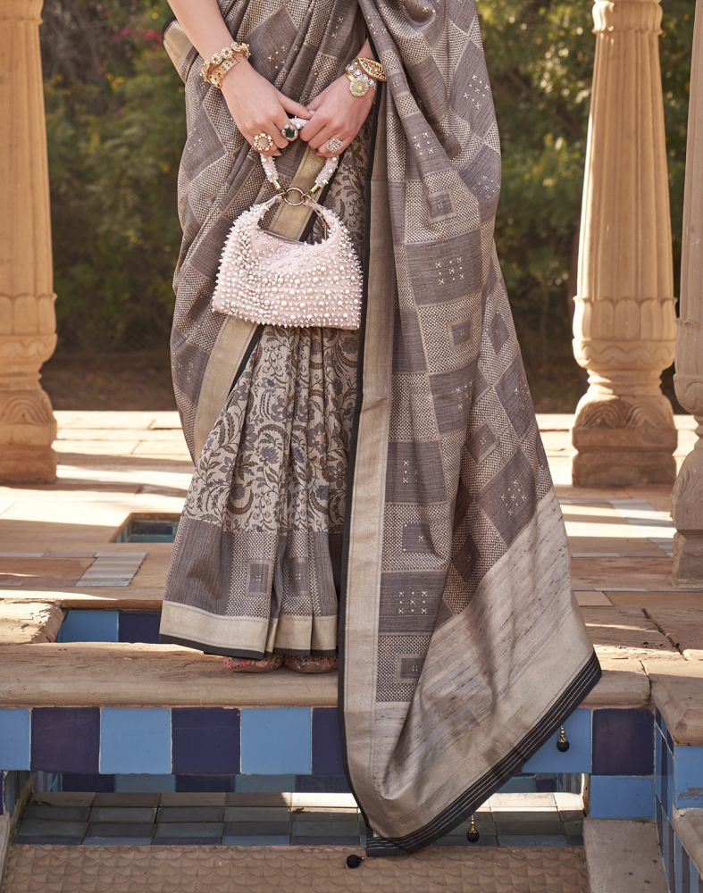Grey Checkered Print Soft Silk Half And Half Saree