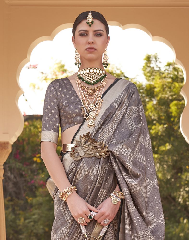 Grey Checkered Print Soft Silk Half And Half Saree
