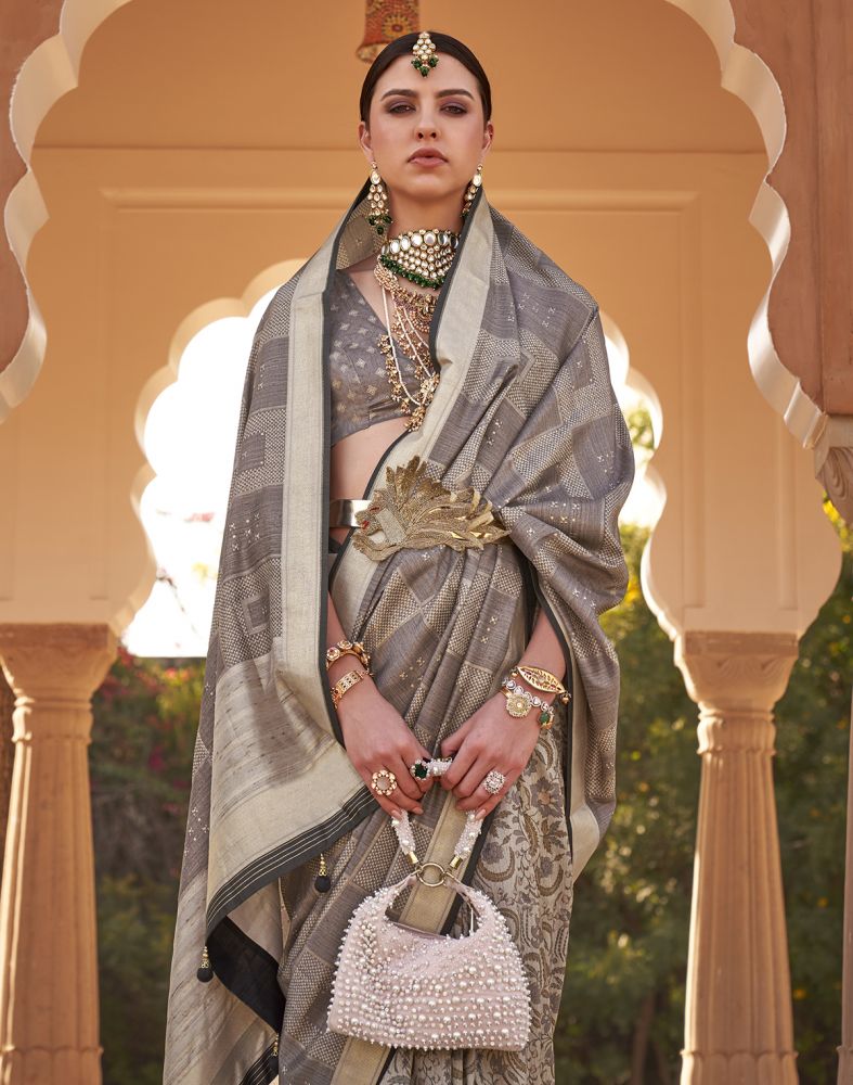 Grey Checkered Print Soft Silk Half And Half Saree