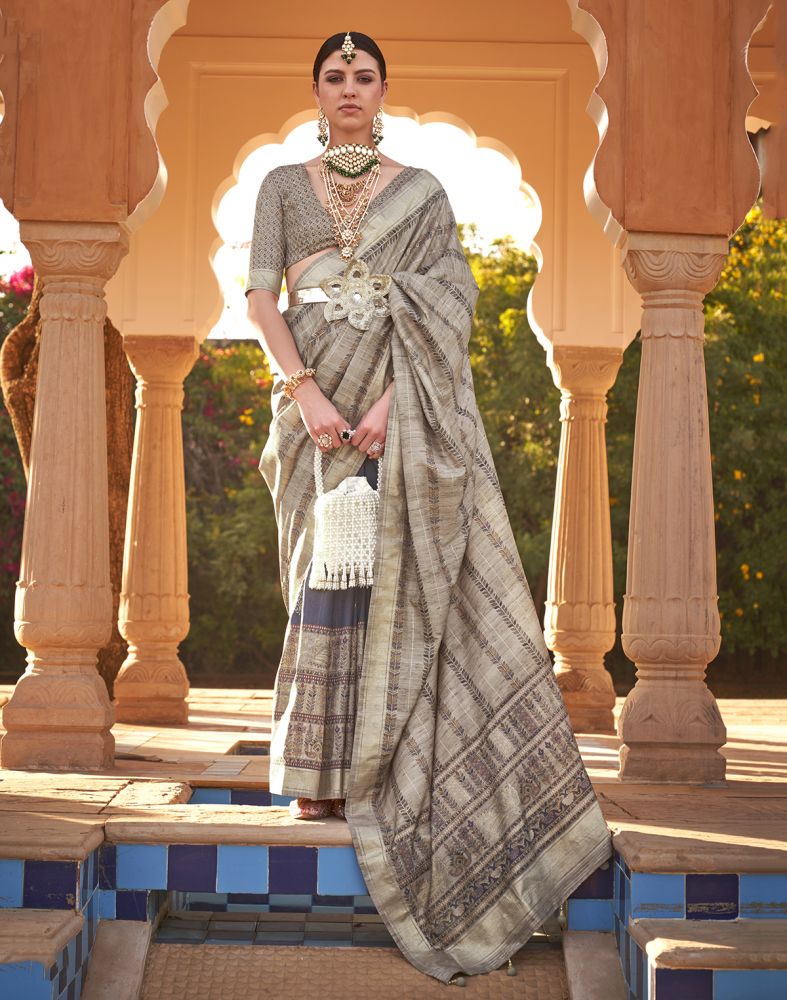 Beige Botanical Print Soft Silk Half And Half Saree